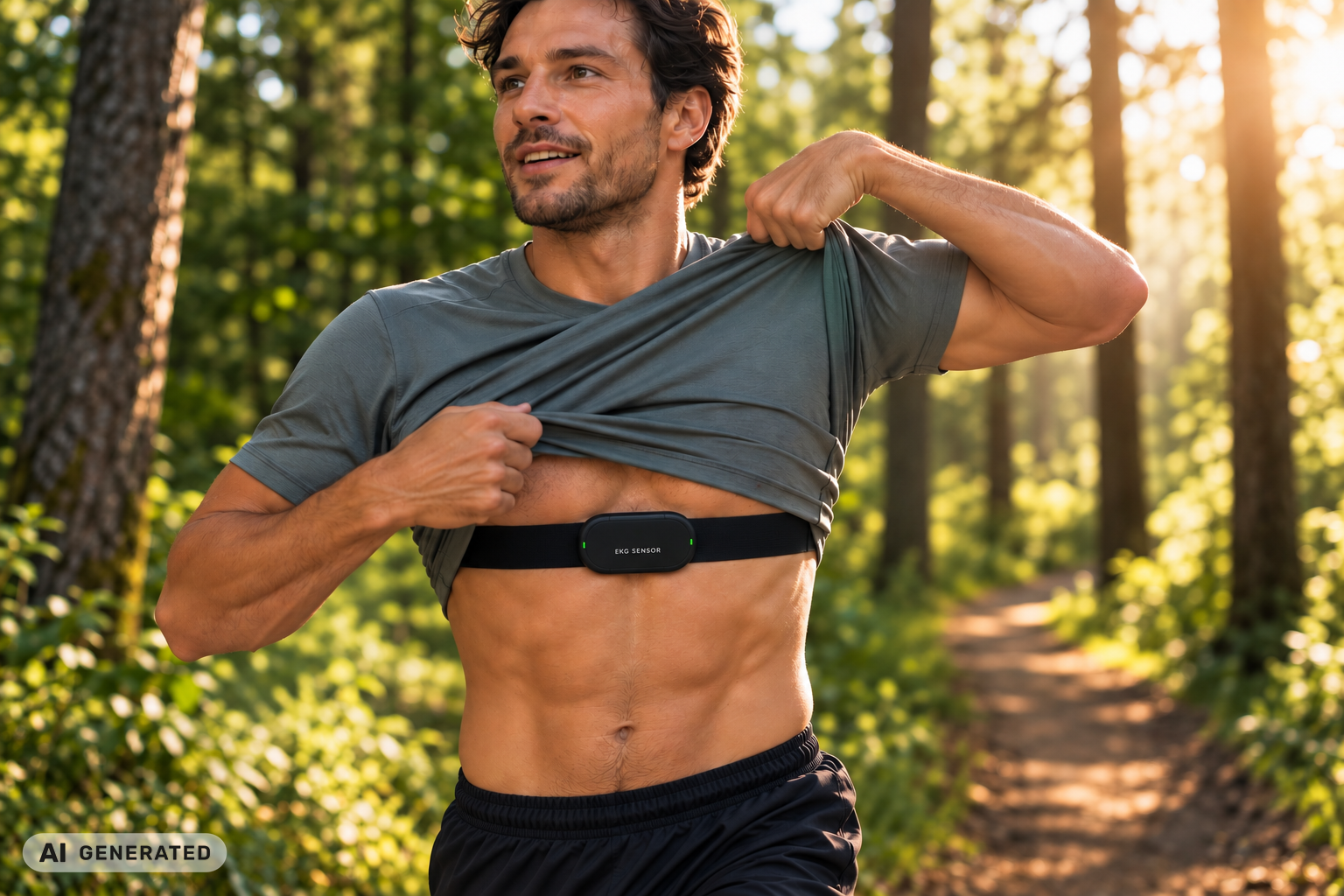 Läufer mit EKG-Brusgurt-Sensor im Wald. AI Generated.